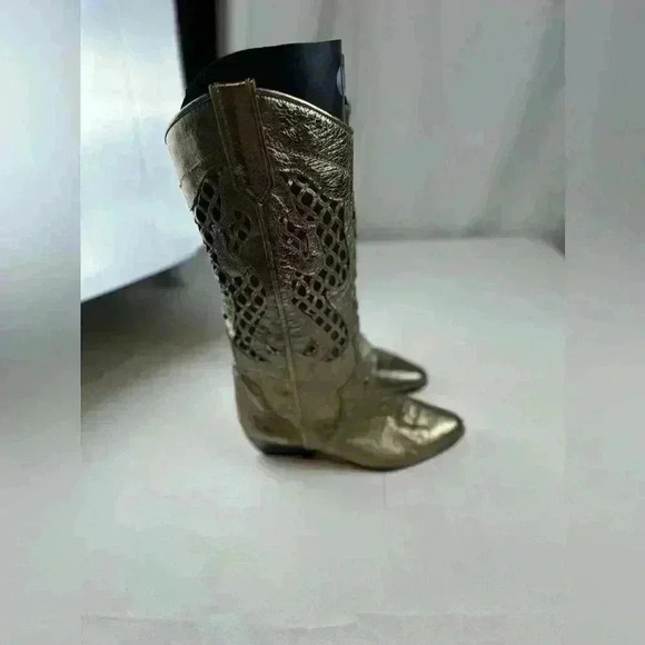 Vintage Lenni Lattice Cowboy Western Boots Metallic Gold Leather Italy - Picture 4 of 10